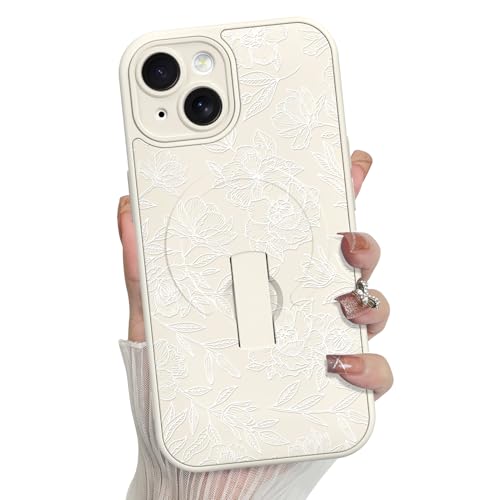 MZELQ for iPhone 15 Case Rose Floral Flower Pattern -White | Silicone Cute Support for MagSafe, Kickstand Wristband Camera Protection Soft Slim Phone Case for Girls Women - color: White-Rose, size: iPhone 15