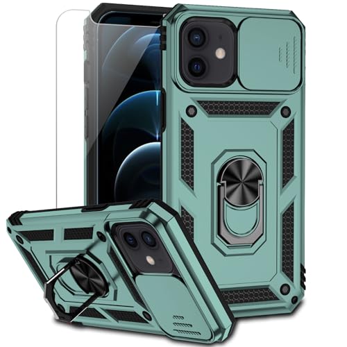 for iPhone 12 Mini Case with Camera Lens Cover Screen Protector, Dual Layer Military Grade Drop Protection Magnetic Ring Holder Kickstand Protective Phone Case for iPhone 12 Mini 5.4 inch (Dark Green) - color: Dark Green with camera cover Military-Grade