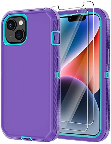 for iPhone 14 Case with 2 Screen Protector,Heavy Duty Shockproof Dropproof Dust Proof Full Body Rugged 3 Layer Military Tough Durable Protective Cover for Apple iPhone 14 6.1" (Purple/Blue) - color: Purple/Blue