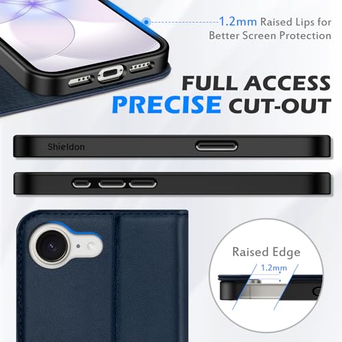 SHIELDON Genuine Leather Case Wallet for iPhone 17e/16e 6.1", Navy Blue | Flip, Magnetic Closure, RFID Blocking 3 Card Holder, Kickstand, Full Protection, Shock Absorbing Protective Cover - color: Navy Blue
