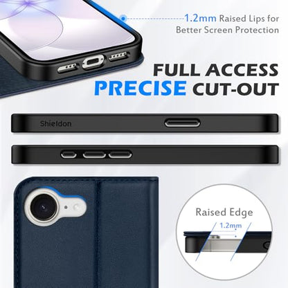 SHIELDON Genuine Leather Case Wallet for iPhone 17e/16e 6.1", Navy Blue | Flip, Magnetic Closure, RFID Blocking 3 Card Holder, Kickstand, Full Protection, Shock Absorbing Protective Cover - color: Navy Blue