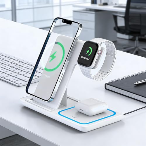 3 in 1 Portable Wireless Fast Charger for Apple & Android, Wireless Charging Station for iPhone17 16 15 14 13 12, Apple Watch & Air pods 4 3 2 Pro, Samsung Galaxy, White - color: White