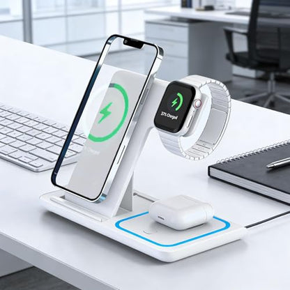 3 in 1 Portable Wireless Fast Charger for Apple & Android, Wireless Charging Station for iPhone17 16 15 14 13 12, Apple Watch & Air pods 4 3 2 Pro, Samsung Galaxy, White - color: White