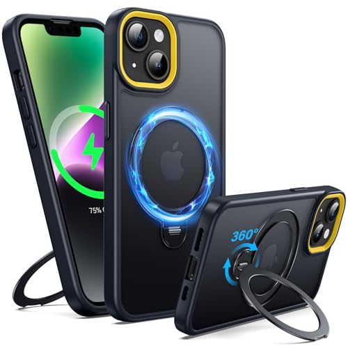 Supdeal Magnetic Stand Case for iPhone 13/14, [360° Rotating Invisible Kickstand] [Compatible with Mag Safe] [Military Grade Protection] Ring Magnet Holder Matte Phone Cover, 6.1'', Black - color: Black, size: iPhone 13/14