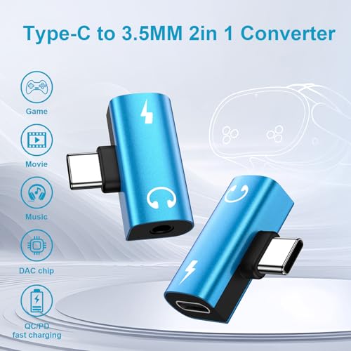 USB C to 3.5mm Headphone and Charger Adapter,2in1 USB C to Aux Jack Adapter - color: blue