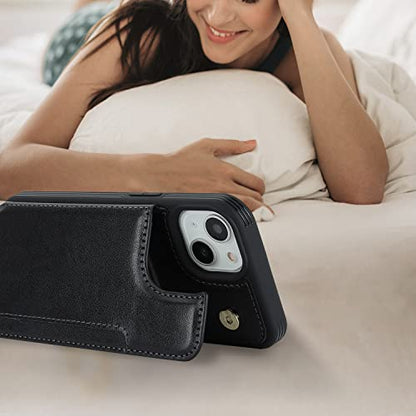 iCoverCase Compatible with iPhone 14 Case with Card Holder, Wallet Case for Women Men RFID Blocking PU Leather Protective Phone Case 6.1 Inch (Black) - color: Black