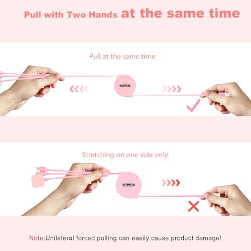 MTAKYI Retractable Multi 3-in-1 USB C+Lightning Charging Cable+Apple iWatch Charger Cable,Travel Multiple Car Charge Cord for iWatch Series 9 8 7 6 5 SE/iPhone 14 13 12 Pro/Samsung -Pink