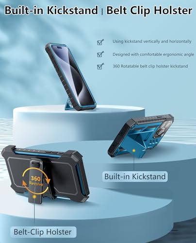 FNTCASE for iPhone 15-Pro-Max Phone Case 6.7", Built-in Screen Protector & Kickstand & Belt-Clip Heavy Duty Military Grade Shockproof Protection Rugged Case - Blue | Built-in Screen Protector, Military-Grade Drop Protection, Heavy Duty Shockproof Holster
