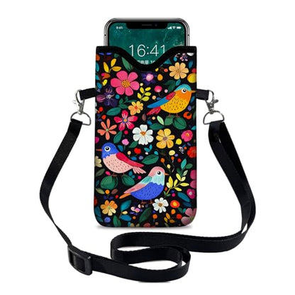 Neoprene Cell Phone Sleeve Pouch Case Bag with Crossbody Strap Neck Lanyard for Women 7.1 X 3.9 in Flower Bird Pattern - color: Flower Bird