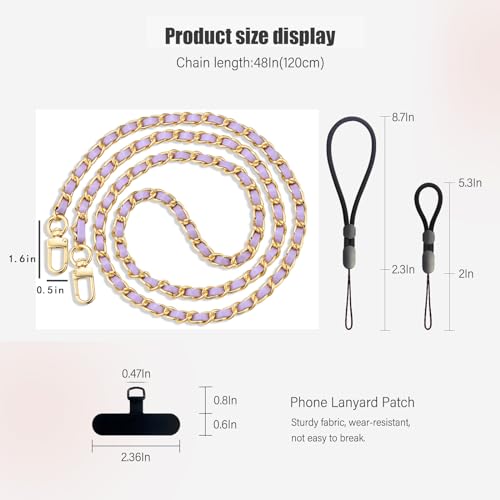 BFSD·DM Phone crossbody strap, 2× Pads,1× Leather Phone Strap,1× Phone Wrist Strap,1× Adjustable Finger Strap,Universal Crossbody Patch Phone Lanyards,Compatible with Most Smartphones(purple-48in) - color: Gold/Purple 48in