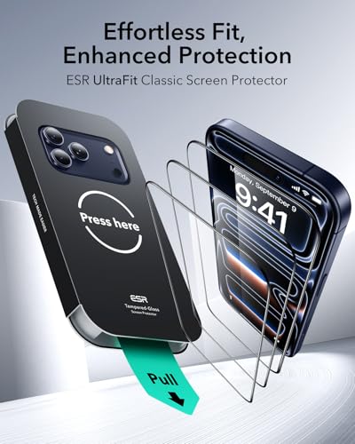 ESR 3 Pack for iPhone 17 Pro Max Screen Protector, Classic | Easy One-Pull Installation, 2X Impact Absorption, 9H Tempered Glass, Full-Coverage Protection, UltraFit Tray, Bubble-Free - size: iPhone 17 Pro Max 6.9 inch