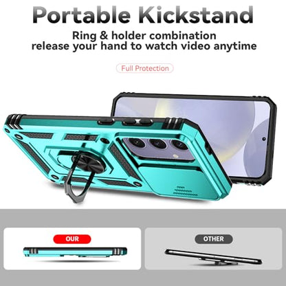 for Samsung Galaxy S24 FE Case with Camera Lens Cover HD Screen Protector, Dual Layer Military-Grade Drop Tested Magnetic Ring Holder Kickstand Protective Phone Case for Galaxy S24 FE (Mint) - color: Mint with camera cover Military-Grade 2nd gen