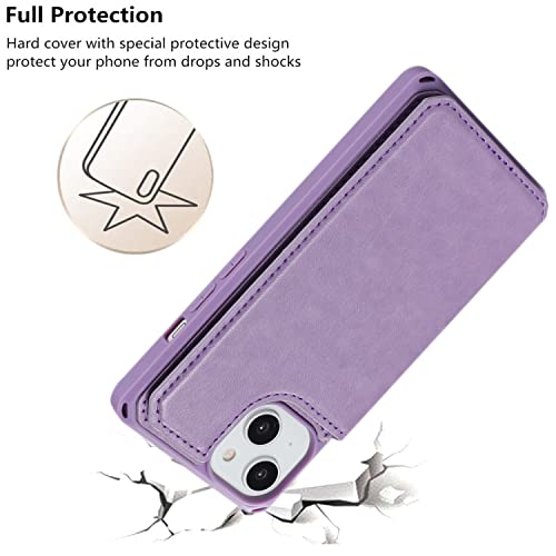 iCoverCase Compatible with iPhone 14 Wallet Phone Case with Card Holder for Women, RFID Blocking Embossed PU Leather Wrist Strap Case 6.1 Inch (Macaron Purple) - color: P-Purple
