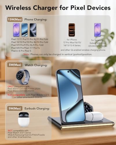 3 in 1 Wireless Foldable Charging Station for Google Pixel Watch 5 4 - color: Black