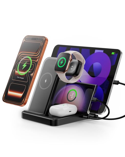 Intoval 5-in-1 Charging Station, for iPhones 17/17 Pro/17 Pro Max and Androids, iPad Pro/Air/Mini, Apple Watch 11/Ultra 3/Ultra 2/Ultra/10/9/8/7/SE, Wireless Charging Dock for Multiple Devices (Black)