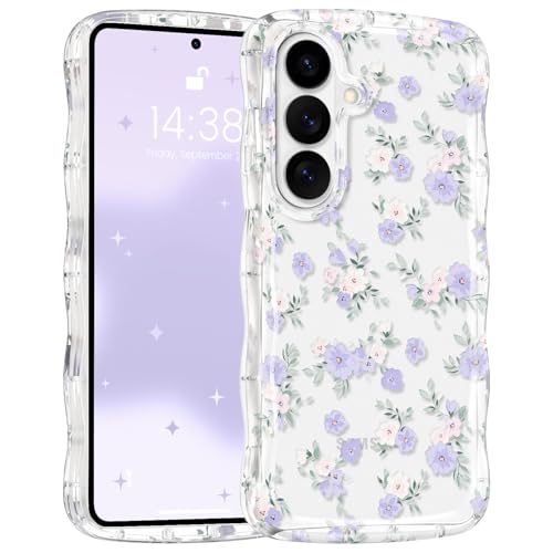 RALEAVO for Samsung Galaxy S26 Case Cute Floral Acrylic Wavy Cover,Purple | Cute Flowers Pattern Design,Clear Curly Wave Frame Cover for Women,Hard Acrylic Shockproof Anti-slip Case for S26 - color: Clear/Purple Flowers, size: For S26
