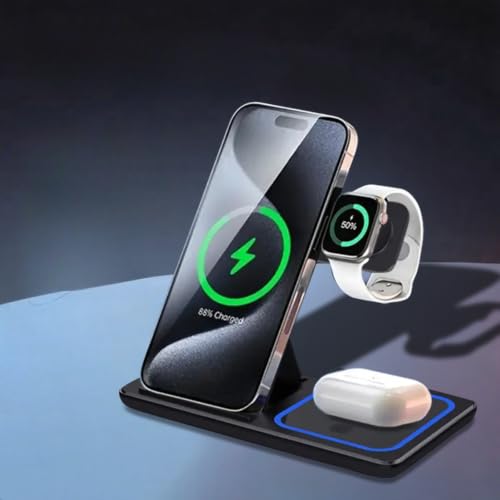 Dual Coil 3 in 1 Wireless Charger Stand Stable Charging No Interruption 15W Fast Charge for iPhone Apple Watch AirPods (Black)