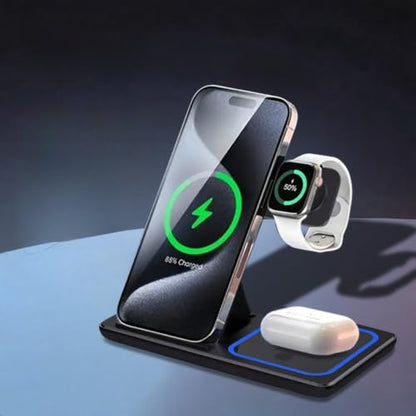 Dual Coil 3 in 1 Wireless Charger Stand Stable Charging No Interruption 15W Fast Charge for iPhone Apple Watch AirPods (Black)