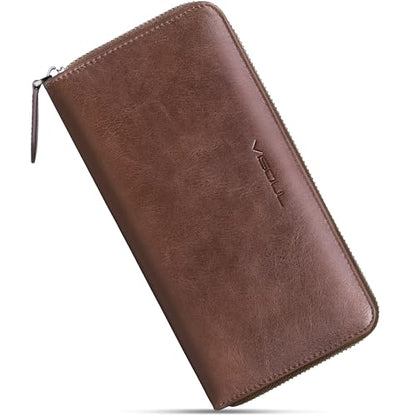 VISOUL Leather Long Zipper Pouch Wallet for Men and Women with RFID Blocking, Large Clutch Cash Long Wallet with Zipper (Brown) - color: Brown