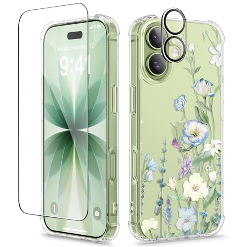 GVIEWIN for iPhone 17 Case Floral, Slim Clear Non-Yellowing | Shockproof Protective, Screen Protector+Camera Lens Protector, Women Phone Case for iPhone 17 6.3", Aquilegia/White - color: Aquilegia/White