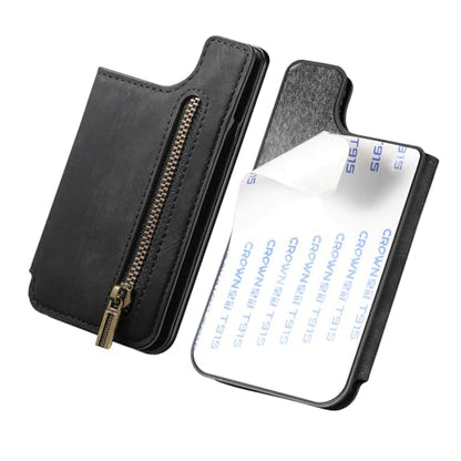 Wallet Stick on Phone Case, Credit Card Holder for Back of Phone Cases Retro Flip Leather Zipper Sleeve Pouch Compatible with iPhone, Samsung Galaxy Android Most Smartphones Black - color: Black