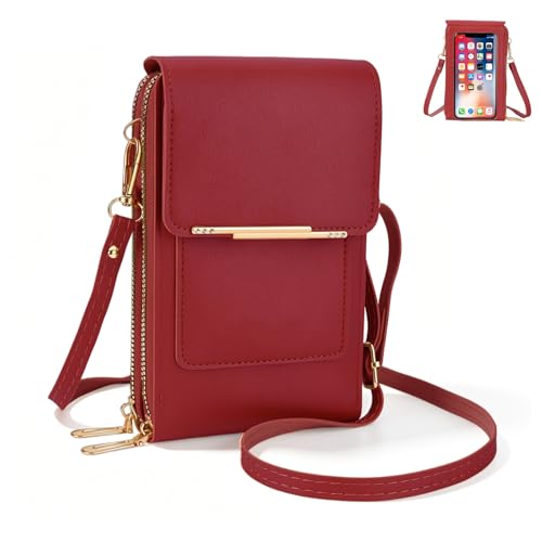 Touchscreen Phone Crossbody Bag,Touch Screen Crossbody Phone Purse,Touchscreen Crossbody Phone Wallet,Compact and Portable - color: Red