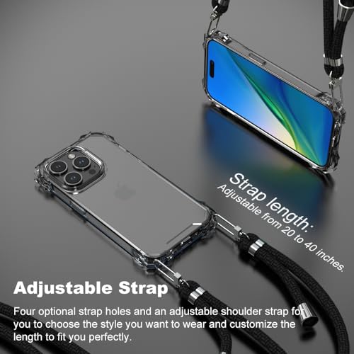 for iPhone 15 Pro Clear Case with Crossbody Strap, Slim Fit Shockproof Protective Phone Case with Anti-Lost Detachable Adjustable Shoulder Neck Lanyard Strap - size: iPhone 15 Pro