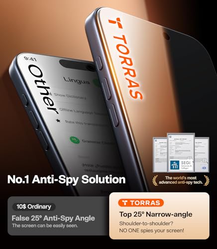 TORRAS for iPhone 17 Pro Privacy Screen Protector [25° Anti Spy] [Military-Grade 9H+ Aerospace Tempered Glass] Anti-Scratch Full Coverage Fit Privacy Screen Protector 17 Pro 6.3" 2-Pack - size: 17 Pro(6.3 inch)