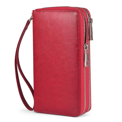 Women’s Wallet for Cell Phone Anti Theft Wristlet Bag with Strap RFID Blocking Double Zipper, Red - color: Red