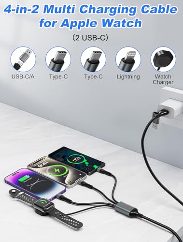 100W 2 USB C Multi Charging Cable for Apple Watch - 10ft USB C Fast Charging Cord with Dual USB-C (100W/10W), Lightning & Magnetic Apple Watch Charger, Braided for iPhone 17-14, iPad, Galaxy S24/S23