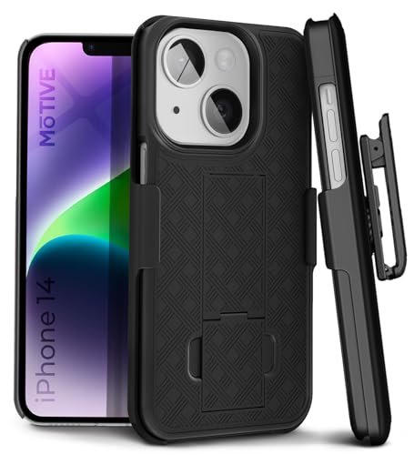 MOTIVE for iPhone 14 Case with Belt Clip, Rigid, Kickstand | 6.1" | Ranger v1 Series, Black, 360° holster, open-top/open-bottom port access, textured grip, slim - size: iPhone 14