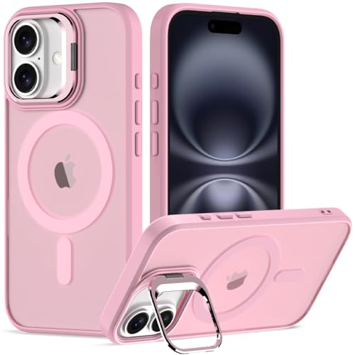 Nvollnoe for iPhone 16 Case Compatible with MagSafe Military Grade Shockproof Heavy Duty Protective Adjustable Kickstand Matte Semi Clear Phone Case for iPhone 16(Pink) - color: Pink, size: for iphone 16-6.1"(2 lens)