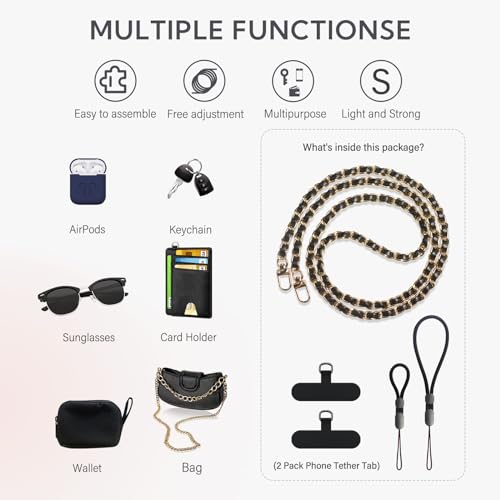 Universal Crossbody Patch Phone Lanyards - 2 Pads, 1 Leather Phone Strap, 1 Adjustable Finger Strap - Compatible with Most Smartphones (48in) - color: Gold/Black 48in