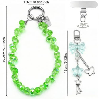 Crystal Beaded Phone Wrist Strap, Cute Cellphone Lanyard Chain, Bow Keychain Wristlet Bag Charms for Women - color: Green