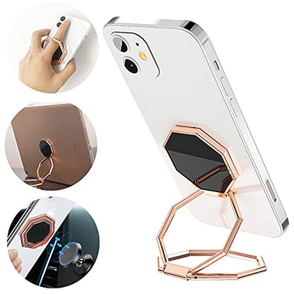 Cellphone Ring Holder Finger Kickstand, Foldable 360° Rotation Cell Phone Stand for Desk, Magnetic Car Mount, Metal Multi-Angle for Phone Back Grip Compatible with iPhone, iPad (Rose Gold) - color: Rose Gold