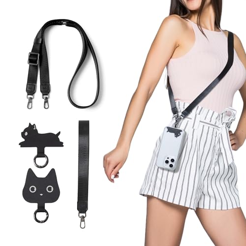 EKAX Anti-Theft Phone Strap, Adjustable Crossbody & Wrist Lanyard, Universal Tether Tab (2-Pack) for Secure Hands - color: Black Cat