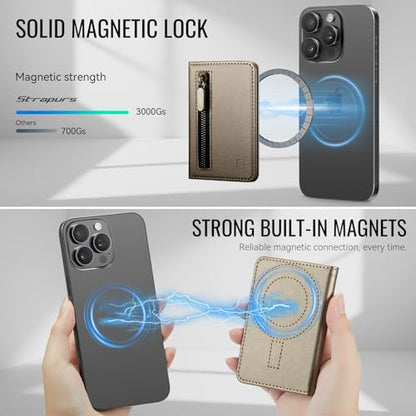 Strapurs Magnetic Card Holder Compatible with MagSafe Phones and Cases, PU Leather Wallet for iPhone 17/16/15/14/13/12/Pro/Max/Plus/Air, 4 Card Slots RFID Blocking with Zipper Pocket - Desert Titanium - color: Desert Titanium