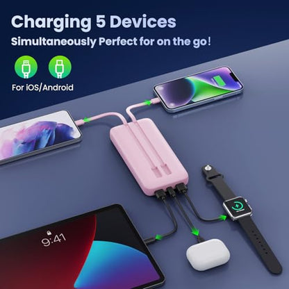 Portable Charger PowerBank 40,800mAh with Built-in Cables,25W PD Fast Charging +QC 4.0 Quick Phone Charging Power Bank, Travel Essential Charger Battery Pack for iPhone 17/16/15 Android Galaxy etc - color: Pink