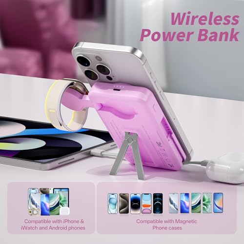 Magnetic Portable Charger Built-in Cables,10000mAh Fast Charging Wireless Charger Station External Battery Pack Slim Pocket Size Power Bank with Stand Compatible with iWatch, iPhone - color: Purple