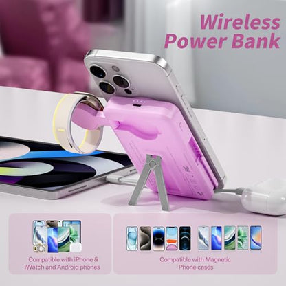 Magnetic Portable Charger Built-in Cables,10000mAh Fast Charging Wireless Charger Station External Battery Pack Slim Pocket Size Power Bank with Stand Compatible with iWatch, iPhone - color: Purple