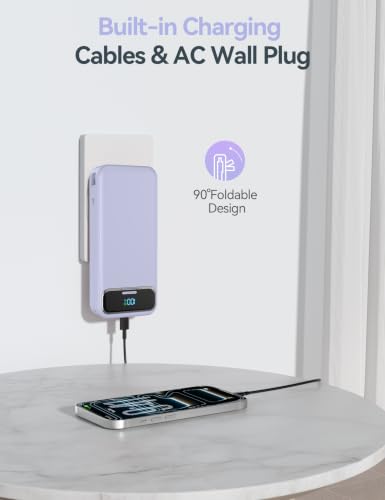 aonidi Portable Charger 20000mAh with Built-in Cables&AC Wall Plug, Purple - color: Violet