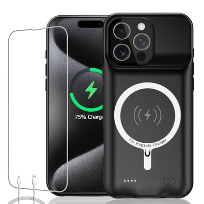 Battery Case for iPhone 15 Pro Max, Full Encircle 12000mAh Capacity Rechargeable Portable Charger Case Extended Battery Pack for iPhone 15 Pro Max(6.7 inch) Wireless Charging Case with Carplay-Black - size: iPhone 15 Pro Max (6.7 inch)
