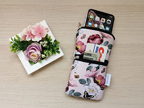 Tainada Dual Zipper Neck Phone Holder Pouch w/Belt Loop (Pink Floral) | For Men/Women; Water-resistant neoprene material, shockproof, lightweight, w/carabiner; Compatible with most of smartphones - color: Pink Floral