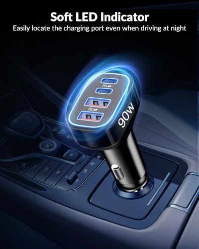 90W 4-Port USB C Super Fast Car Charger for Samsung Galaxy S26/S25/S24/S23 - color: Black