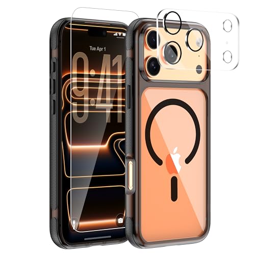 3-in-1 for iPhone 17 Pro Case with Screen Protector & Camera Cover, N52 Magnetic Phone Case Compatible with MagSafe, Non-Slip Matte Smoky Black Bumper with Clear Back, Anti-Scratch Protective Kit - color: Frosted Edge Smoke, size: iPhone 17 Pro