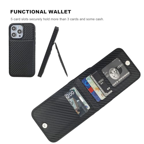 KIHUWEY for iPhone 14 Pro Max Wallet Case Card Holder, Carbon Black | Credit Card Slots, PU Leather, Kickstand, Magnetic, Flip Heavy Duty Protection Cover for Men and Women - color: Carbon Black