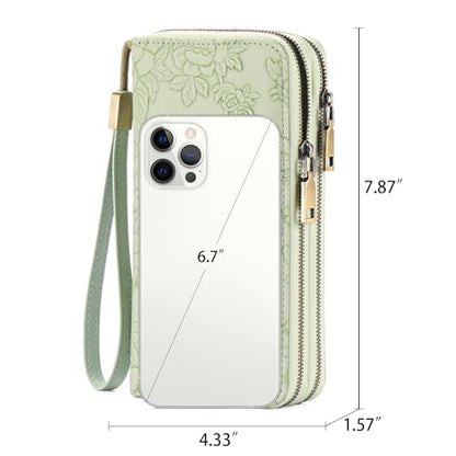 GAEKEAO RFID Leather Wristlet Wallet for Women with Grip Strap | Large capacity clutch wallet, credit card holder, wrist strap, zipper purse, travel and shopping - color: A12 Embossed Light Green-1