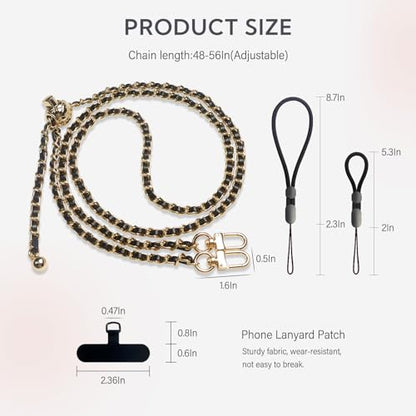 BFSDDM Crossbody Phone Strap - 2 Pads, Leather & Wrist Strap, Adjustable Finger Strap, Universal Phone Lanyard - color: Gold/Black Adjustable