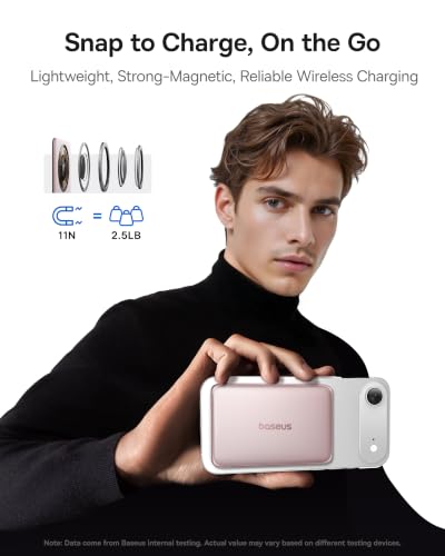 Baseus Picogo Power Bank, 0.3" Ultra Slim 5000mAh MagSafe Battery Pack, Upgraded Polished Alloy Magnetic Portable Charger, Wireless Charger with USB-C Cable for iPhone 17 Pro Max/17 Air/16/15/14/13/12 - color: Polished Nebula Pink