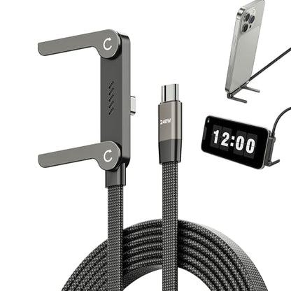 240W USB C to USB C Ultra Fast Charging Cable with Invisible Stand Flat Phone Charger 90 Degree Right Angle Plug T Shaped Foldable Stand Multi Functional Cord Black 4.9 Ft (1 Pack